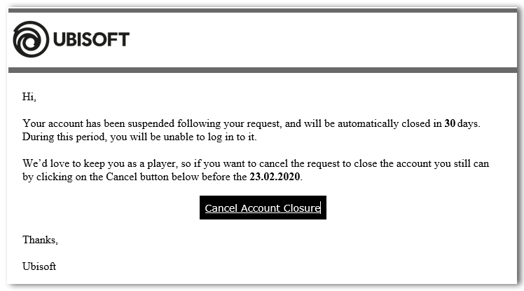 Account suspended перевод. Письмо от Ubisoft. Юбисофт аккаунт. Ubisoft обращение к игрокам. Образец учетной записи юбисофт.